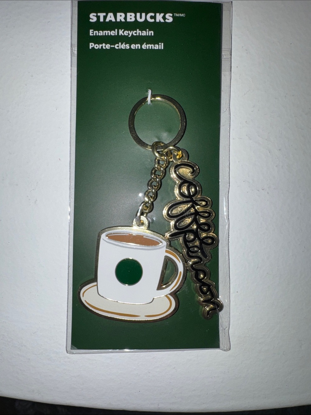 Starbucks White & Green Coffee Cup Keychain with Gold Script Charm